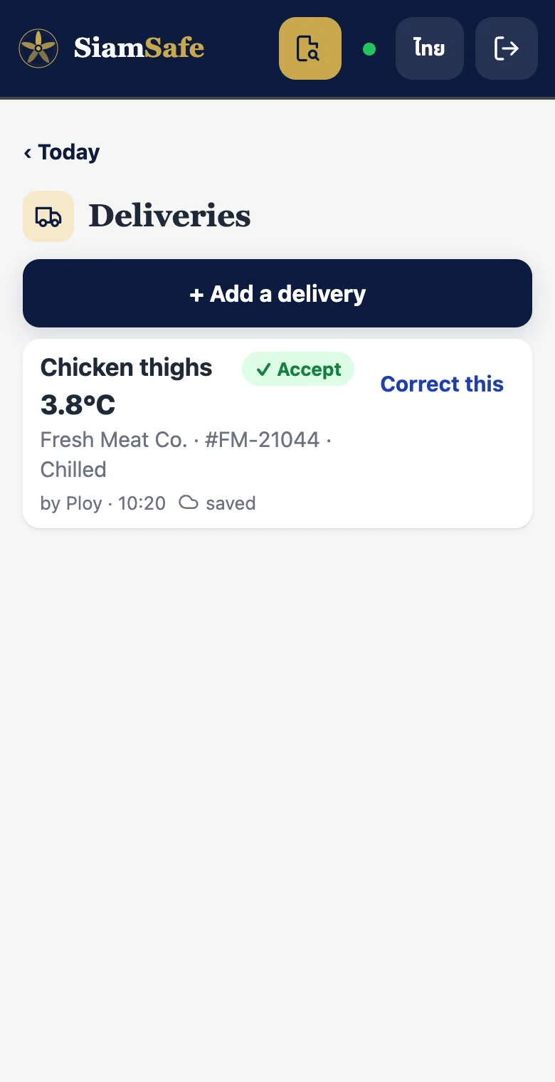 A delivery of chicken thighs at 3.8°C from Fresh Meat Co., accepted, with delivery note number