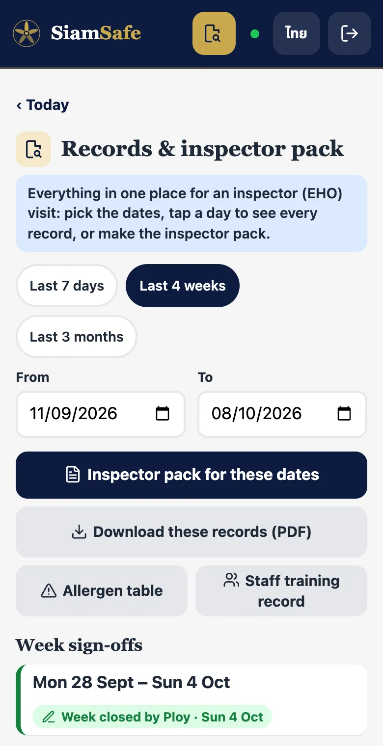 The Records and inspector pack screen with date ranges, the inspector pack button, PDF download, allergen table and training record