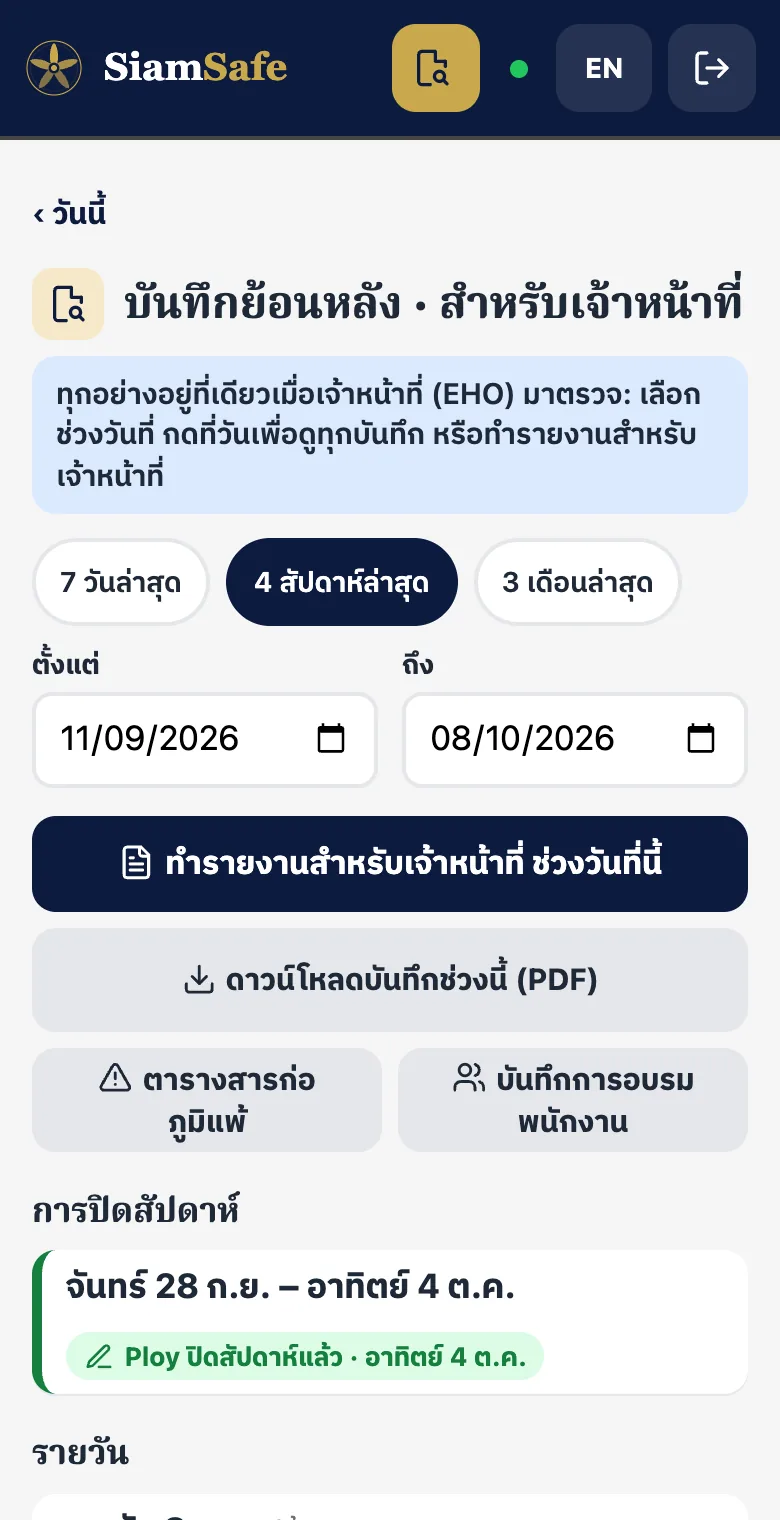 หน้าบันทึกย้อนหลังสำหรับเจ้าหน้าที่: เลือกช่วงวันที่ ทำชุดบันทึก ดาวน์โหลด PDF ตารางสารก่อภูมิแพ้ และบันทึกการอบรม